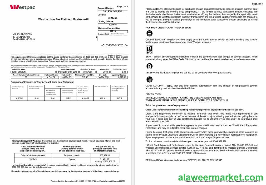 Australia Westpac bank statement Word and PDF template, 3 pages 1, 2